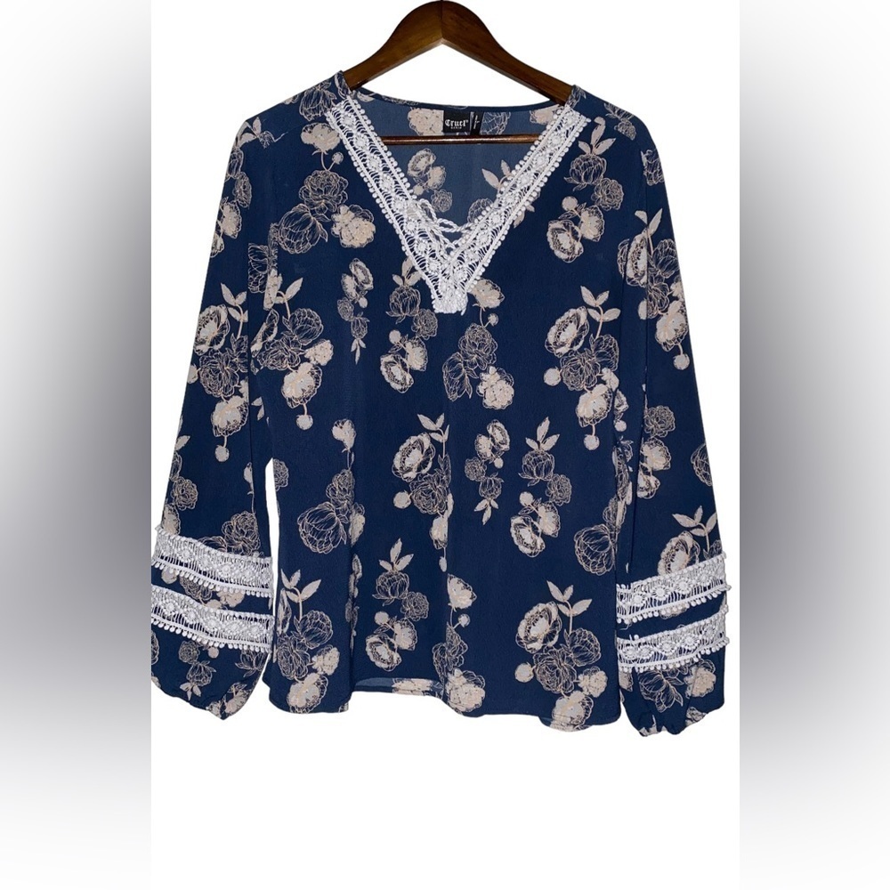 Cruel Denim Embroidery Lace Peasant Blouse Women L Country Cowgirl